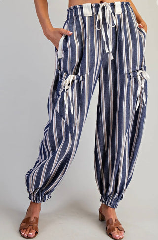 Striped Drawstring Cargo Jogger Pants | Relaxed Fit Bottoms-Navy