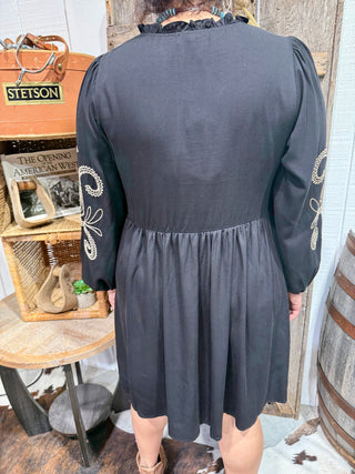 Black Embroidered Western Babydoll Dress | Boho Cowgirl Long Sleeve Dress