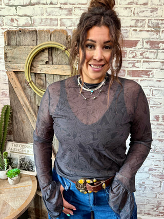 Black Tooled Leather Mesh Bell Sleeve Top