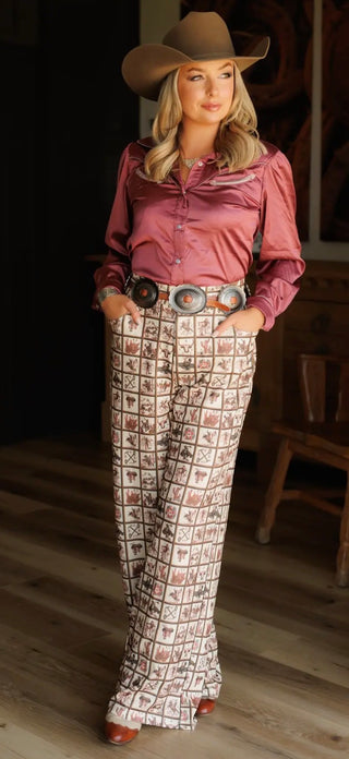 Howdy Hanny-Vintage Western Square Print High Waist Wide Leg Pants