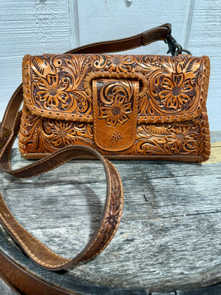 American Darling Hand-Tooled Leather Crossbody Clutch – Western Floral Carved Purse