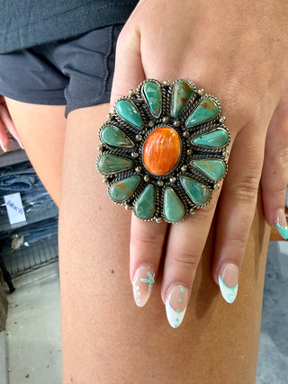 Tibetan German Silver Sunburst Ring with Turquoise & Spiny Oyster | Adjustable Western Statement Ring