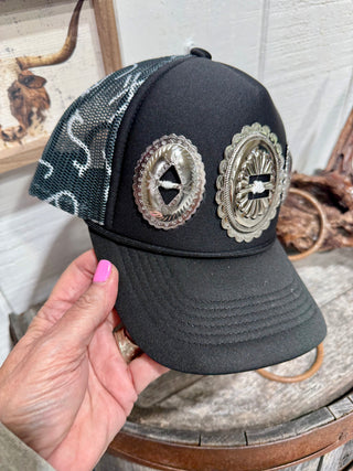 Black Western Concho Trucker Hat – Silver Concho Snapback with Camo Mesh Back- Cattle Brand