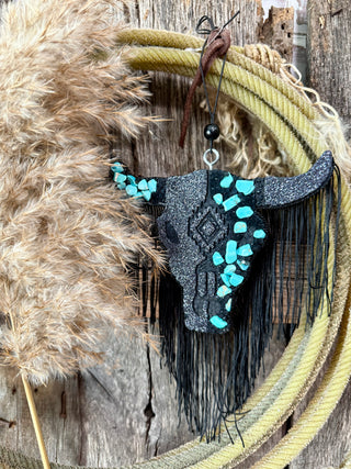 Black Glitter Longhorn Car Freshie with Turquoise & Fringe – Western Air Freshener