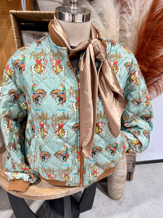 Howdy Cowgirl Western Print Quilted Bomber Jacket – Vintage Rodeo Retro Style