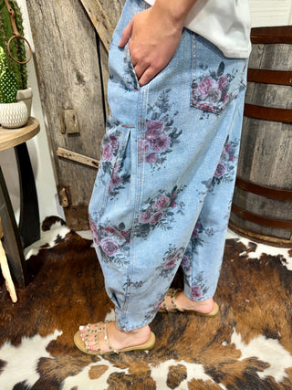Easel Vintage Floral Barrel Pants | Mineral Washed Cotton Twill Pants- Washed Denim Side details