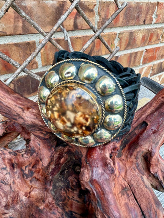 Braided Black Leather Belt with Amber Concho