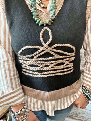 Western Boot Stitch Cowboy Sweater Vest – Black & Tan Knit
