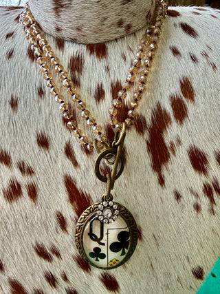 Queen of Clubs Western Crystal Pendant Necklace – Bronze Toggle with Faceted Beads