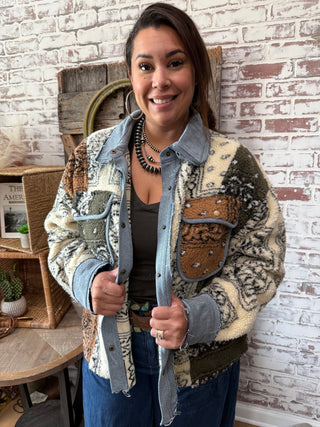Western Patchwork Sherpa Shacket – Oli & Hali Bandana Print Button Down