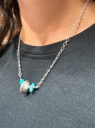 Sterling Silver Mercury Dime Bar Necklace with Turquoise | Western Desert Pearl Necklace