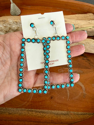 Zuni Made Sterling Silver Turquoise Statement Rectangle Earrings
