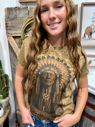 Native Warrior Rhinestone Leopard Graphic Tee | Western Graphic T-Shirt