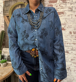 Cowgirl Bronc Rider Print Denim Chambray Shirt – Western Button Down Blouse
