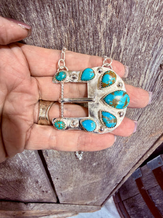 Authentic Kingman Turquoise Silver-Plated Western Buckle Necklace