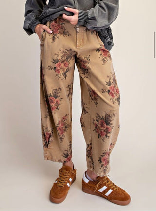 Easel Vintage Floral Barrel Pants | Mineral Washed Cotton Twill Pants- Oatmeal