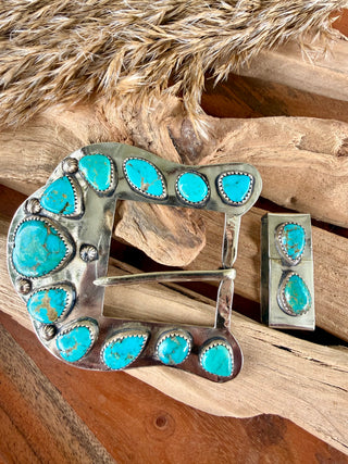 Custom Kingman Turquoise & Sterling Silver Bezels Belt Buckle Set | Western Buckle & Keeper