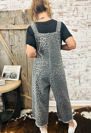 Easel Leopard Print Twill Overalls-Gray