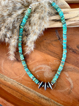 Kingman Heishi Turquoise & Sterling Silver Blossom Necklace-18”