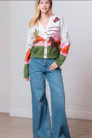 Western Desert Horse Cardigan Sweater | Beige Multi Cowboy Button-Up Knit