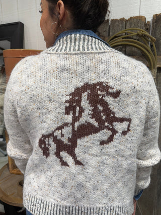 Western Horse Graphic Zip Cardigan Sweater – Cowgirl Cozy Bucle’ Knit with Horse Pockets
