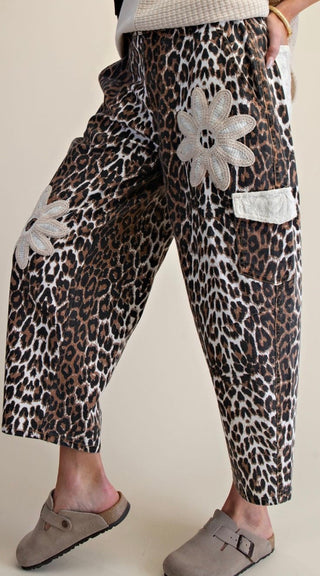 Easel Leopard Floral Patch Barrel Pants for Women – Cropped Animal Print Cargo Pants with Crochet Flower Detail