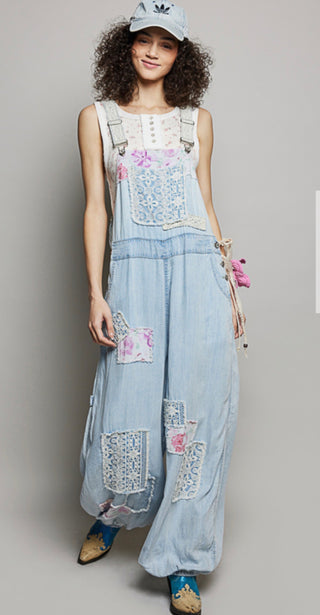 Free Spirit Patchwork Denim Jogger Overalls