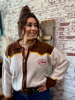 Cowgirl Rodeo Horse Graphic Western Zip Up Cardigan-Brown