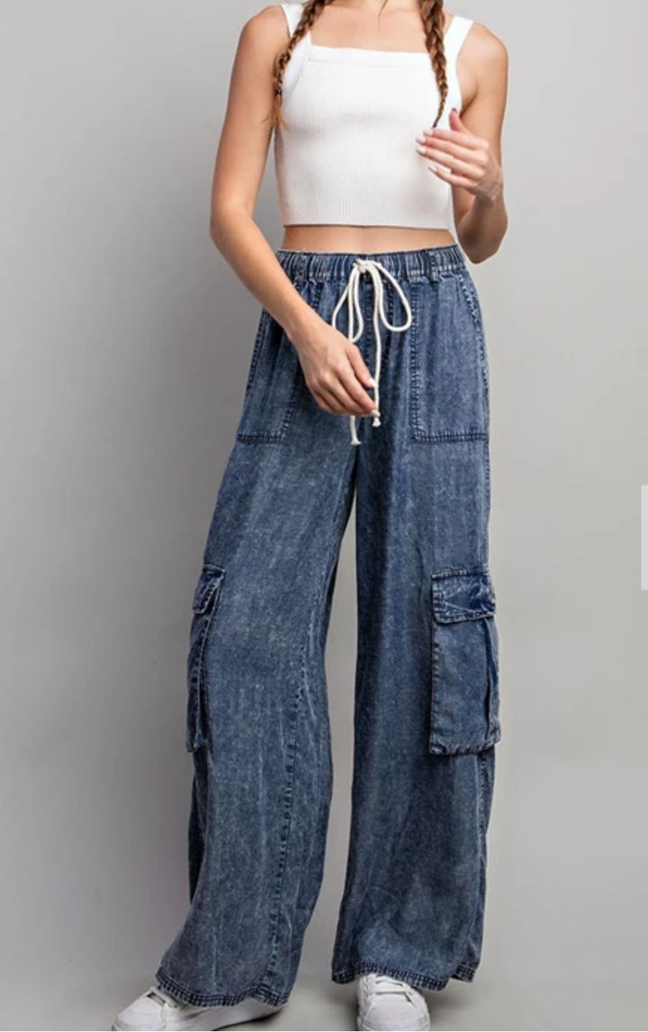 Acid Wash Denim Wide Leg Cargo Pants
