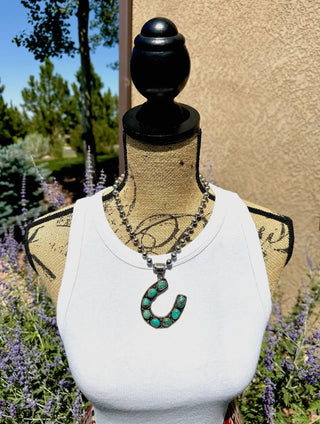Turquoise Horseshoe Necklace – Silver Beaded Chain Western Statement Jewelry