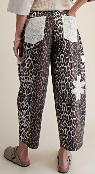 Back of Easel Leopard Floral Patch Barrel Pants for Women – Cropped Animal Print Cargo Pants with Crochet Flower Detail