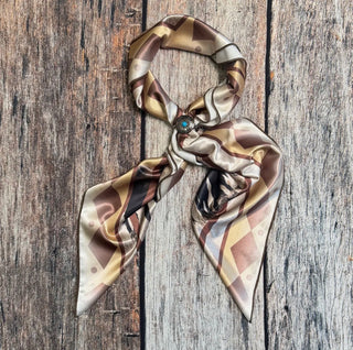 Western Horse Print Wild Rag Scarf – 36” x 36” Neutral Diamond Border Cowgirl Scarf