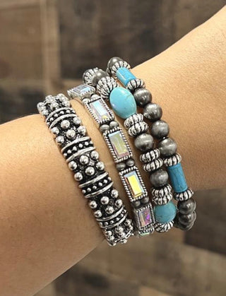 Western Turquoise & Silver Navajo Pearl Stretch Bracelet Stack | Boho Cowgirl Layered Set of 4