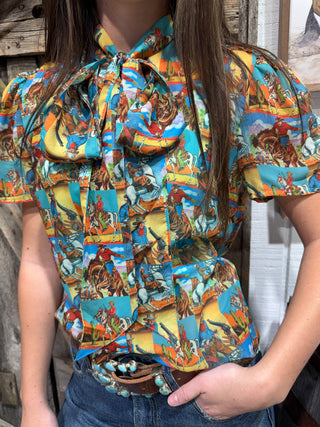 Western Pop Art Tie Neck Sheer Blouse for Women | Retro Cowboy Print Top- Howdy Hanny Short Sleeve