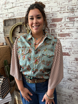 Retro Rodeo Cowboy Print Western Blouse with Striped Sleeves – Cowgirl Style Top