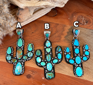 Kingman Turquoise Saguaro Cactus Statement Pendant – German Silver