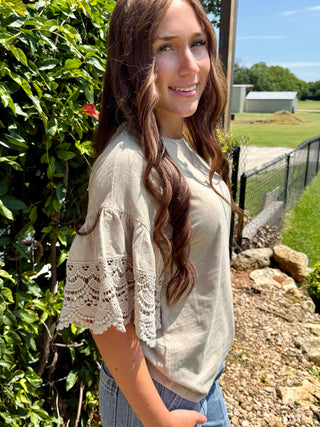 Easel Taupe Crochet Lace Sleeve Top for Women – Boho Lightweight Flutter Sleeve Blouse