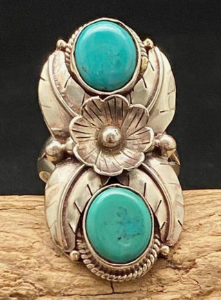 Nepal Turquoise Floral Statement Ring – German Silver Adjustable