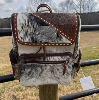 Vintage NFR Buckle Cowhide Backpack – Western Tooled Leather Laptop Backpack/ Diaper Bag with Conceal Carry Pocket & Genuine Cowhide