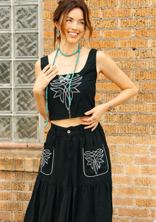 Black Boot Stitch Embroidered Western Crop Top & Tiered Wide-Leg Pants Set