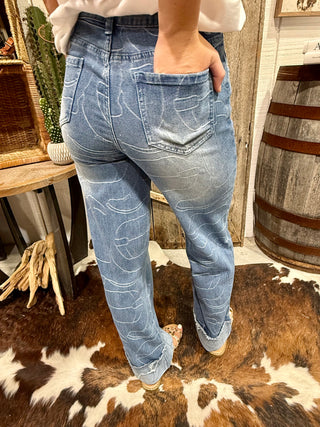 2 Fly Boot Print Cuffed Wide Leg Jeans
