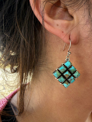 Sterling Silver Kingman Turquoise Square Cluster Drop Earrings | Southwestern Cowgirl Statement Earrings