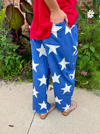 Back of French Terry Star Pants | Patriotic Blue & White Wide Leg Lounge Pants