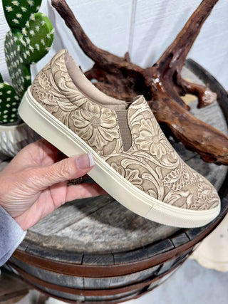 Tooled Floral Slip-On Sneakers – Cream Western Embossed Casual Shoes for Women-side view