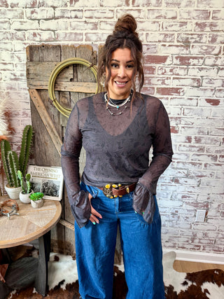 Black Tooled Leather Mesh Bell Sleeve Top