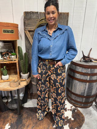 Wild Mustang Relaxed Fit Wide Leg Pants – Western Horse Print Dressy Trousers