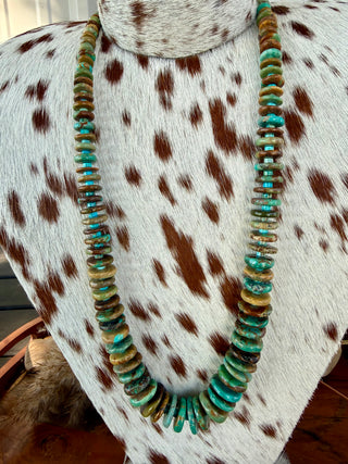 Authentic Kingman Turquoise Graduated Disc Necklace – Native Hand-Strung 24”