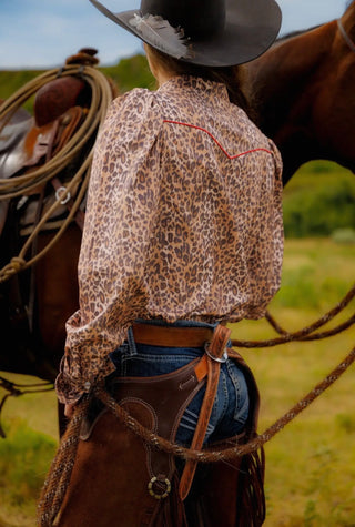 Howdy Hanny Leopard Western Snap Show- Stock Show Shirt | Red Piping Cowgirl Pearl Snap Button-Up