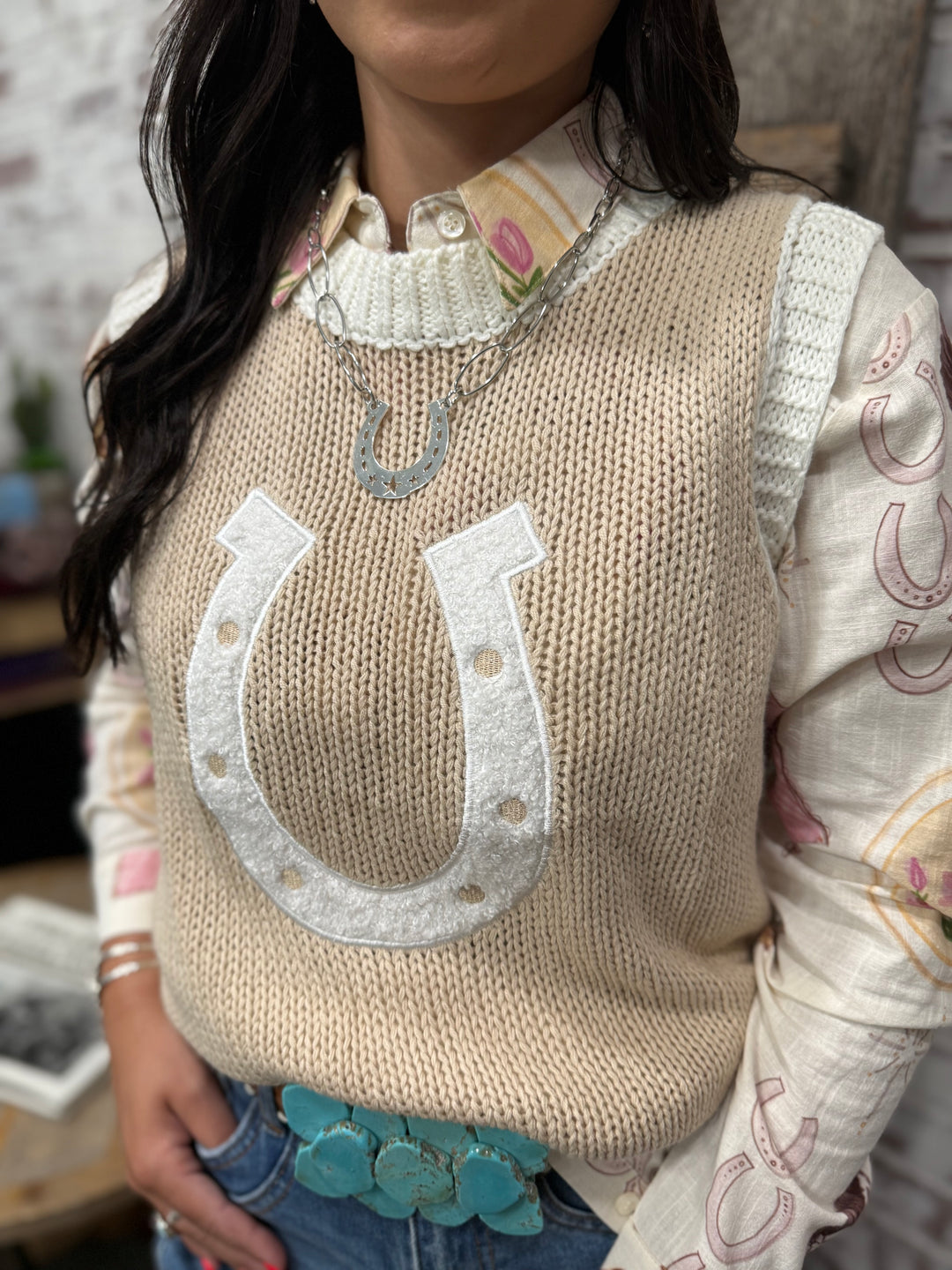 Feeling Lucky Tan Horseshoe Sweater Vest