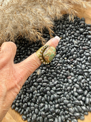Chunky Green Turquoise Statement Ring with Crystal Halo – Rustic Brass Adjustable Band